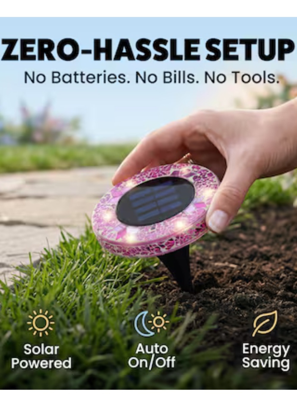 BELL + HOWELL 4 -Pack Mosaic Disk Lights 24 -Lumens Mosaic Fuchsia Solar LED - Picture 5 of 11